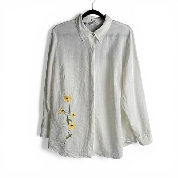 Tops - Vintage White Linen Long Sleeve Button-Up Shirt with Yellow Floral Embroidery